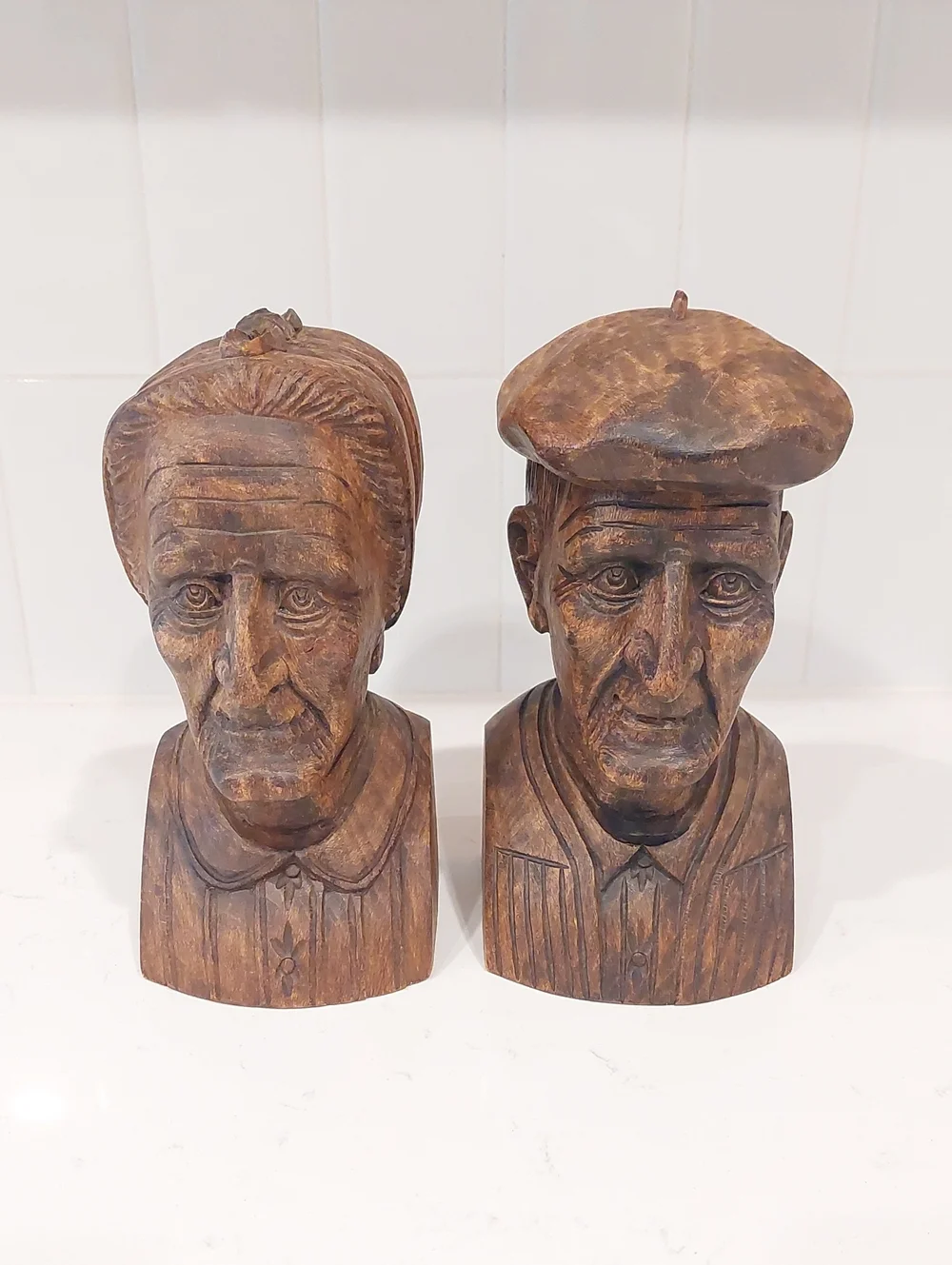 Hand Carved J. Alberdi Wooden Couple Bust Sculptures/Bookends